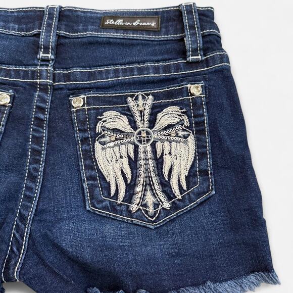 Stella In Dreams Y2K Blue Mid Rise Shorts w Rhinestone Angel Wing Cross Patches - Picture 6 of 7